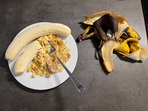 Bananenschalen und zermatschte Banane