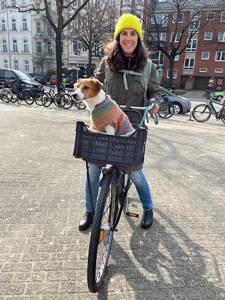 Frau mit Hund in Fahrradkiste