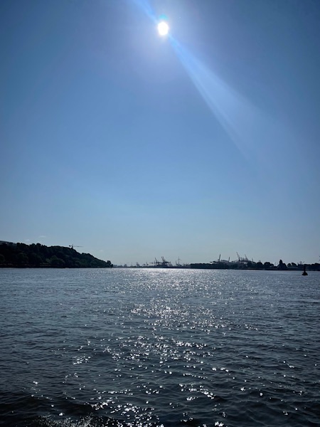 Von der Fähre Nr. 64 Blick auf die Elbe Richtung Hamburg