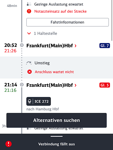 DB-APP-Meldung: Verbindung fällt aus, Notarzteinsatz auf der Strecke und Anschluss wartet nicht.