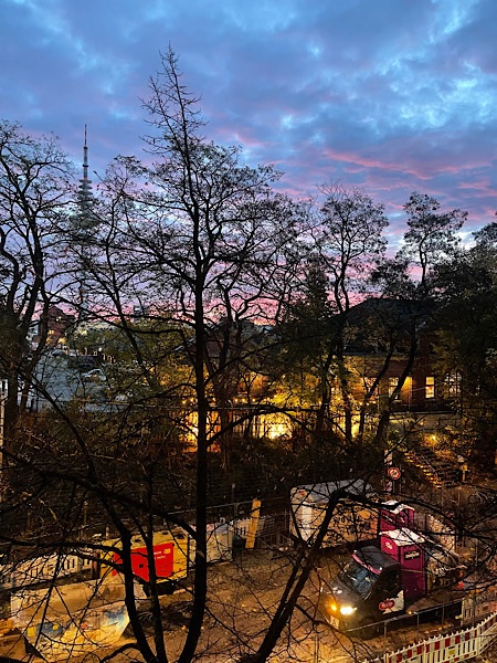 Blick auf laublose Bäume, im Vordergrund eine Baustelle, im Hintergrund Sonnenaufgang