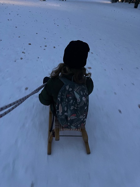 Kind mit grüner Jacke und kleinem Rucksack von hinten auf einem Schlitten